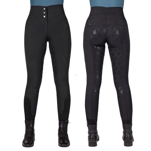 0 Bryczesy jeździeckie damskie QHP Micah, pełny silikonowy lej, czarne / 8846