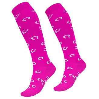 Podkolanówki jeździeckie bawełniane w PODKOWY - kolor różowy