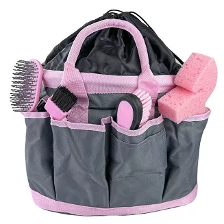 Grooming Accessories Bag HORSENJOY Large, Grey with Pink Trim - 2
