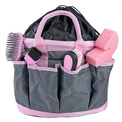 Grooming Accessories Bag HORSENJOY Large, Grey with Pink Trim