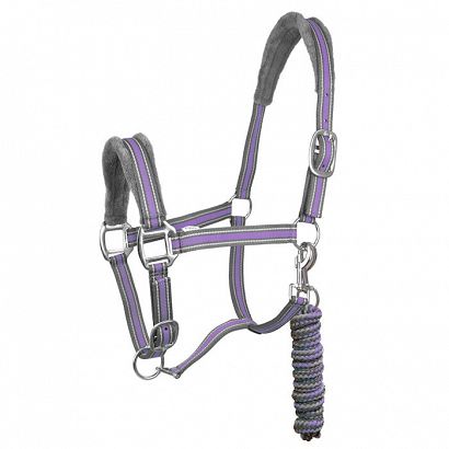 Horses halter lined with fur CALIPSO with rope, grey and lavender