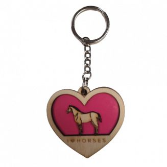 Brelok do kluczy - drewniane serduszko z koniem - kolor różowy.