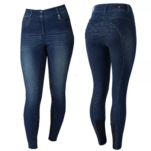 0 Bryczesy damskie HORZE Kaia, Jeans z pełnym silikonowym lejem