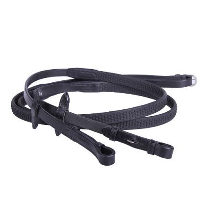 QHP Soft Leather–Rubber Reins, Hook Studs, 15 mm, Black / 2116