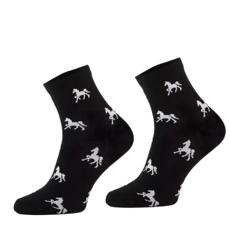 Skarpetki jeździeckie COMODO bawełniane / SDJ, kolor czarny, wzór białe koniki.