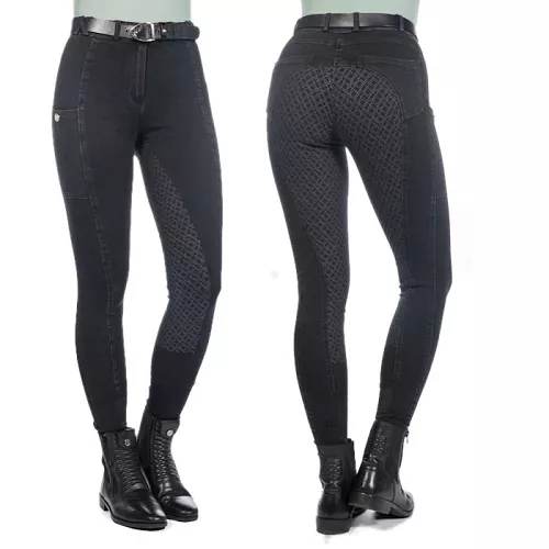 Bryczesy jeździeckie damskie HKM Harbour Island Denim pełny silikonowy lej czarne  / 14540