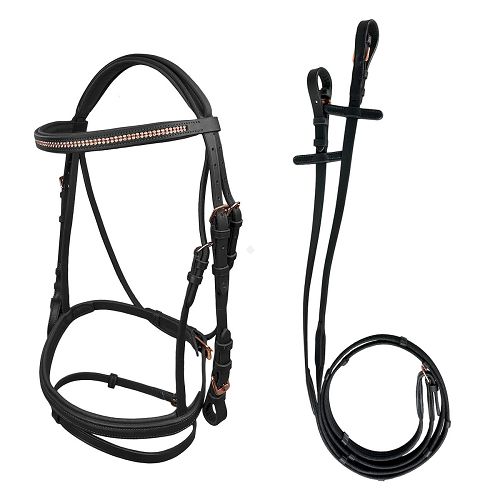 Ogłowie skórzane Y Gemma nachrapnik kombinowany, wodze parciane, czarne / 39180