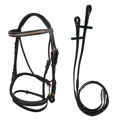 Ogłowie skórzane Y Gemma nachrapnik kombinowany, wodze parciane, czarne / 39180