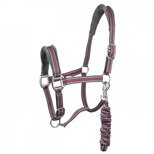 Horses halter lined with fur CALIPSO with rope, grey and pink