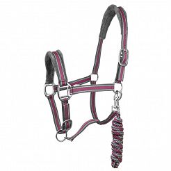 Horses halter lined with fur CALIPSO with rope, grey and pink