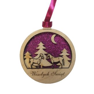 Drewniana bombka na choinkę z konikami - kolor różowy 