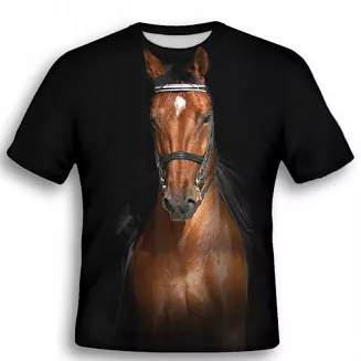 Koszulka T-shirt 3D w konie FULL PRINT czarna - koń gniady