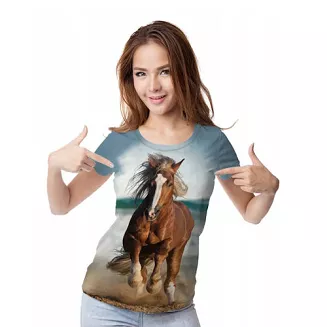 Koszulka T-shirt 3D w konie FULL PRINT - błękitna - koń galopujący po plaży