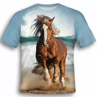 Koszulka T-shirt 3D w konie FULL PRINT błękitna - koń galopujący po plaży