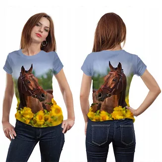 Koszulka T-shirt 3D w konie FULL PRINT - błękitna - koń w słonecznikach