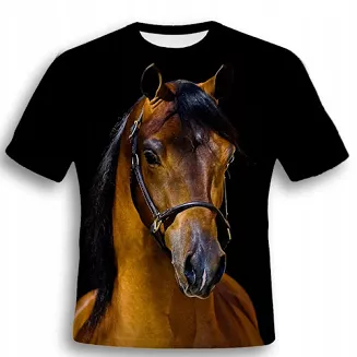 Koszulka T-shirt 3D w konie FULL PRINT czarna - gniady arab