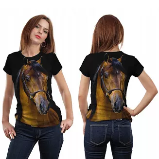Koszulka T-shirt 3D w konie FULL PRINT czarna - gniady arab