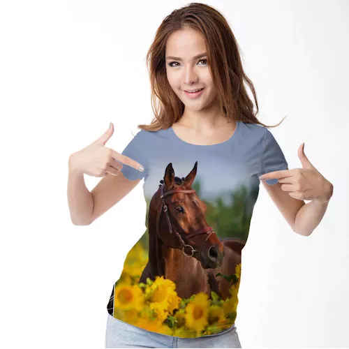 Koszulka T-shirt 3D w konie FULL PRINT - błękitna - koń w słonecznikach