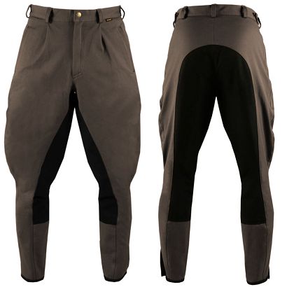 Bryczesy męskie, kawaleryjskie AMIGO Traper pełny lejem, brązowe z czarnym lejem/ 012702