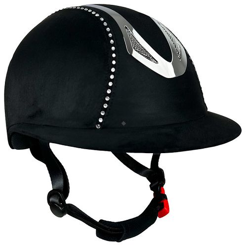 Kask do jazdy konnej, pokryty welurem, szeroki daszek, ozdobna lustrzana ramka i dwa rzędy kryształków.