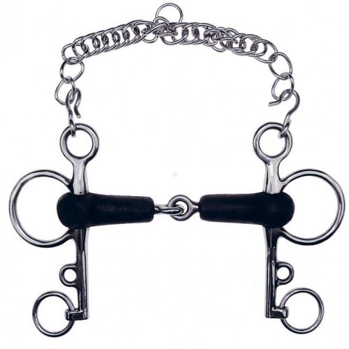 Rubber Jointed Pelham Bit FEELING Long Shanks + Curb Chain / 604632