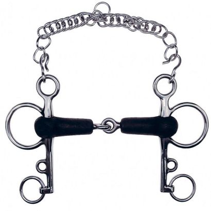 Rubber Jointed Pelham Bit FEELING Long Shanks + Curb Chain / 604632