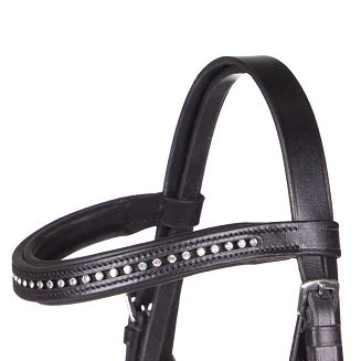 Ogłowie pony skórzane QHP Beli, nachrapnik kombinowany, wodze parciane, czarne / 9088 - 3