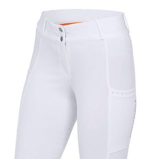 Po bokach, w szwach nogawek głębokie i elastyczne kieszenie na telefon ozdobione kryształkami.