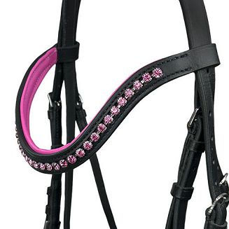 Ogłowie skórzana na kucyka Y Abigail czarne z różowymi dodatkami / 39210 - 2