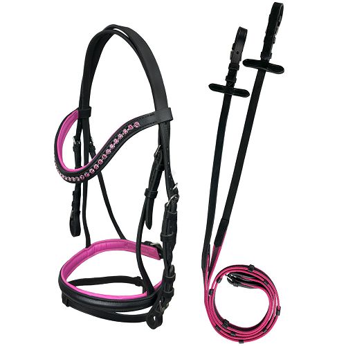 Ogłowie skórzana na kucyka Y Abigail czarne z różowymi dodatkami / 39210