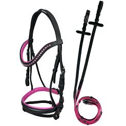 Ogłowie skórzana na kucyka Y Abigail czarne z różowymi dodatkami / 39210