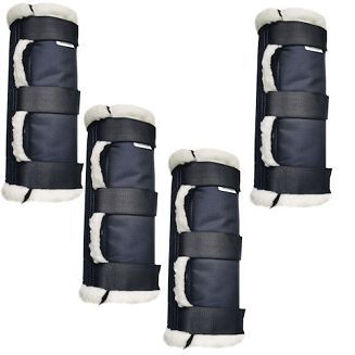 Owijki stajenne MUSTANG (kpl. 4 szt.) / 1807 granatowe, podszyte czarnym futrem + ozdobne obszycie z białego futerka