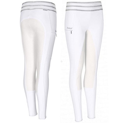 Białe getry do jazdy konnej, przepisowe spodnie do startów na zawodach jeździeckich.