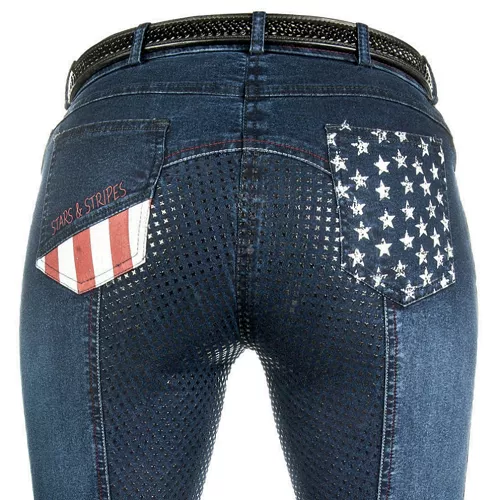 Bryczesy młodzieżowe HKM  Stars & Stripes Denim dżinsowe, z pełnym silikonowym lejem / 8003