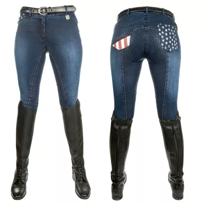 Bryczesy młodzieżowe HKM  Stars & Stripes Denim dżinsowe, z pełnym silikonowym lejem / 8003