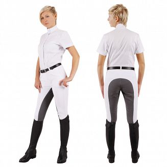 Sportowe, techniczne spodnie do jazdy konnej na zawody jeździeckie. 