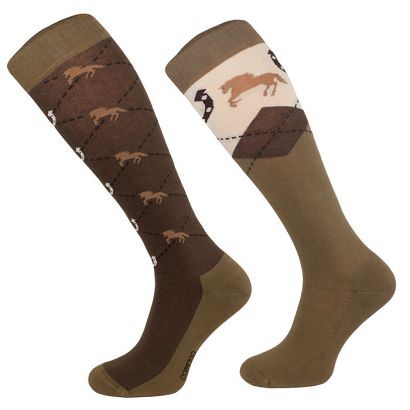 Riding Knee Socks Horse Shoe–Caro, Brown / SJBW 49