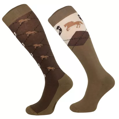 Riding Knee Socks Horse Shoe–Caro, Brown / SJBW 49