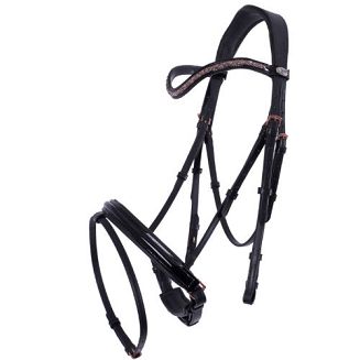 Ogłowie skórzane QHP AMOR z nachrapnikiem kombinowanym - black/rose.