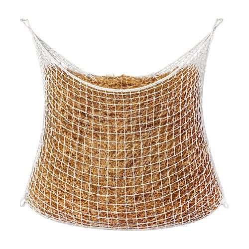 Duża siatka slow feeder dla koni, oczka 3,5 × 3,5 cm, bezwęzłowa. Kolor biały.