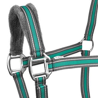 Kantar taśmowy z uwiązem Y Calipso podszyty futerkiem, popiel-zielony / 0329 - 3