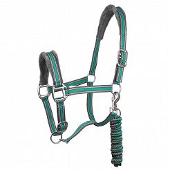 Horses halter lined with fur CALIPSO with rope, grey and green