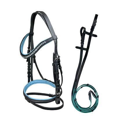 Ogłowie skórzana na kucyka Y Abigail czarne z turkusowymi dodatkami /39210