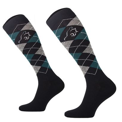 Cotton Equestrian Knee-High Socks, Diamonds + black, grey, turquois + silver thread / SPDJ 25