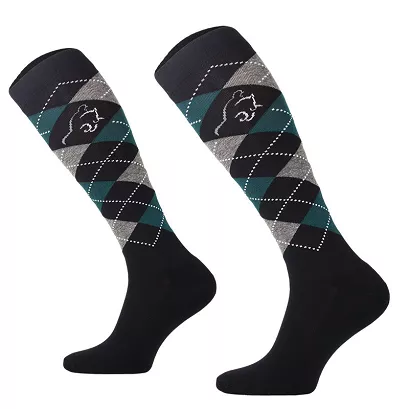 Cotton Equestrian Knee-High Socks, Diamonds + black, grey, turquois + silver thread / SPDJ 25