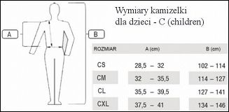 Tabela wymiarów kamizelki Swing dla dzieci.