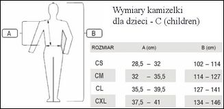 Tabela wymiarów kamizelki Swing dla dzieci.
