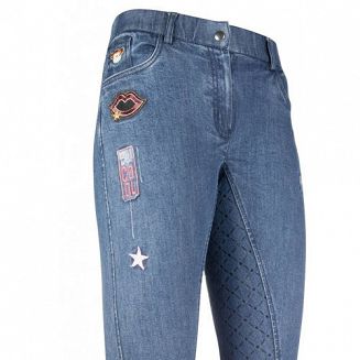 Bryczesy jeans HKM PATCHES DENIM młodzieżowe z pełnym silokonowym lejem / 1040 k