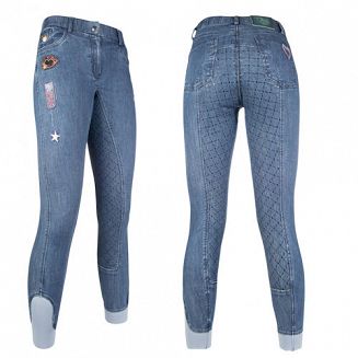 Bryczesy jeans HKM PATCHES DENIM młodzieżowe z pełnym silokonowym lejem / 1040 k