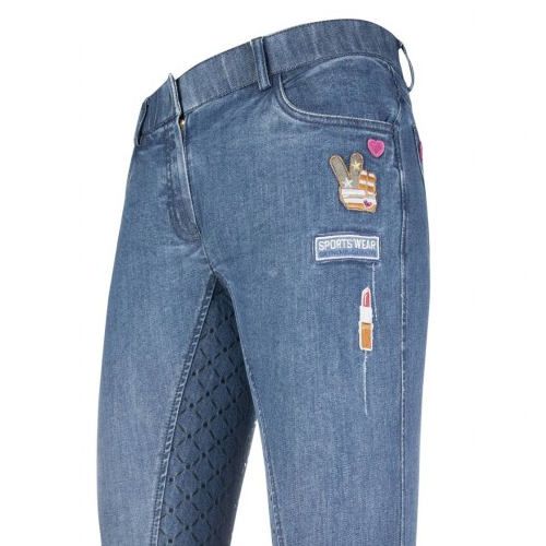 Bryczesy jeans HKM PATCHES DENIM młodzieżowe z pełnym silokonowym lejem / 1040 k